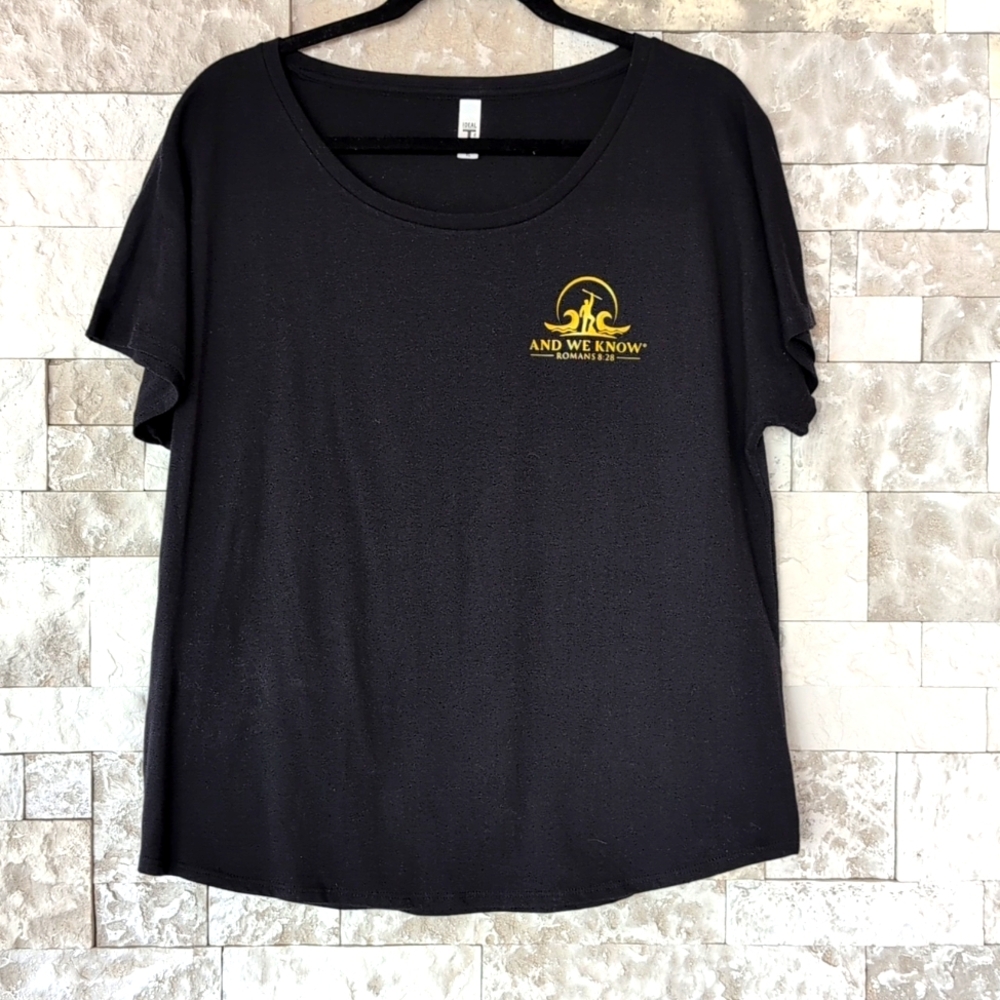And We Know Scripture Tee Black & Gold Women's XL Loose Fit Top Romans 8:28 EUC
